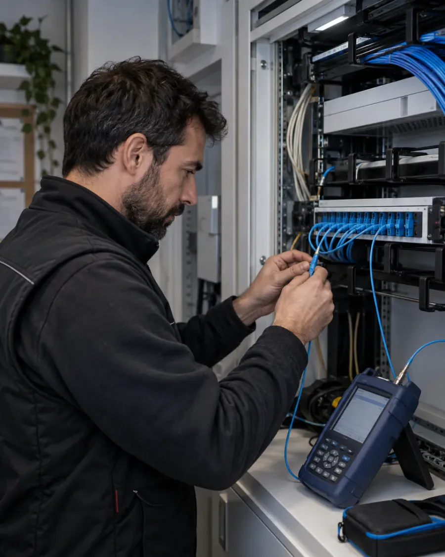 Técnico revisando un latiguillo de fibra etiquetado en un rack de comunicaciones que da servicio en Vigo